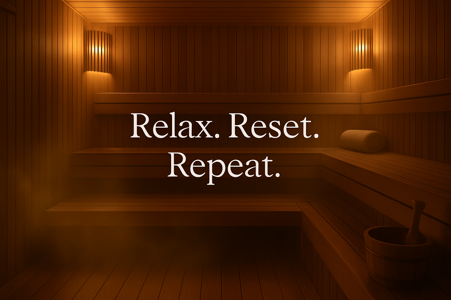 Sauna image with Relax Reset Repeat text